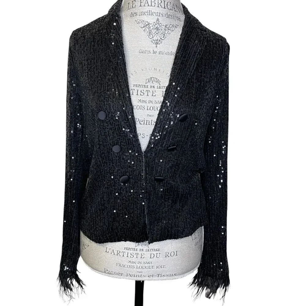 NWT Nanette Lepore Sequin Blazer with Feather Trim at Wrist Size Small